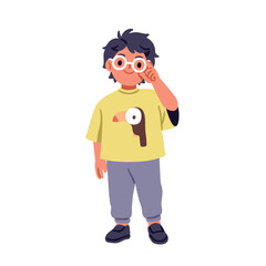 Boy with bad eyesight, wearing eye glasses. Happy smiling little kid child with poor sight, myopia, standing and adjusting eyeglasses, spectacles. Flat vector illustration isolated on white background