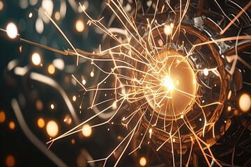 close-up of electric sparks surrounded by mechanical parts with warm lighting and dynamic shapes for high-tech concept