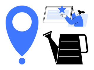 Blue pin marker, black watering can, and person interacting with a tablet featuring a star. Ideal for location, growth, success, technology, connection motivation navigation. Simple flat metaphor