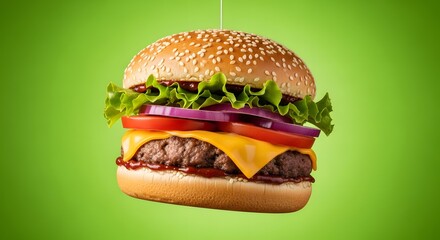 Close-up of a delicious cheeseburger with lettuce, tomato, onion, cheese, and a beef patty in a sesame seed bun against a vibrant green background