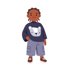 Black kid standing, smiling. Happy child with african hairstyle, afro braids. Cute kindergarten preschool little boy with hand in pocket. Flat vector illustration isolated on white background