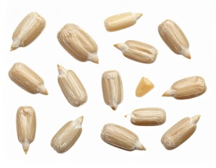 Obraz premium High-resolution image of wheat grains on a white background, highlighting texture and detail for agricultural and culinary purposes.