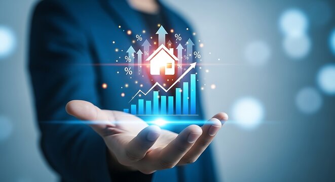 Business professional holding a glowing digital real estate market growth chart with a house icon and city skyline