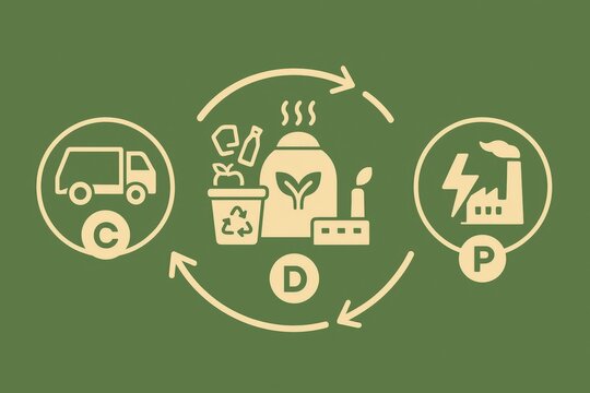 Innovative circular economy symbols representing sustainable practices in waste management and resource recovery processes fostering eco friendly solutions and industrial growth