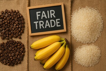 Fair trade practices coffee rice and bananas on jute market environment top-down perspective