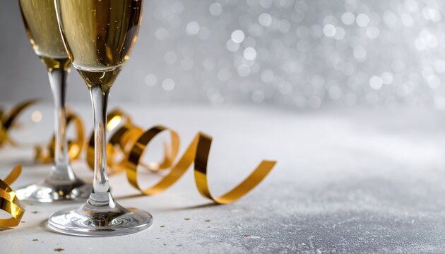 New Year Toast champagne banner, silver background, golden ribbon