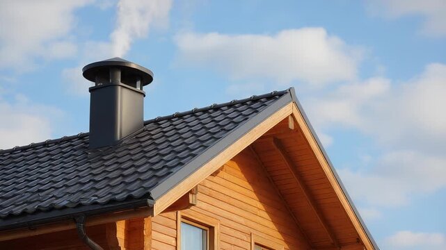 Modern Wooden House with Black Metal Roof and Chimney Emitting Smoke Against a Blue Sky with Clouds, Exterior Architectural Detail