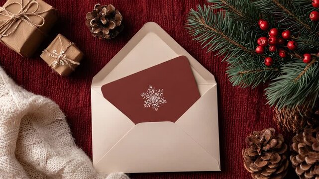 Cozy Christmas Card in Envelope with Gifts, Pinecones, and Evergreen Branches on Knitted Red Background, Holiday Season Still Life
