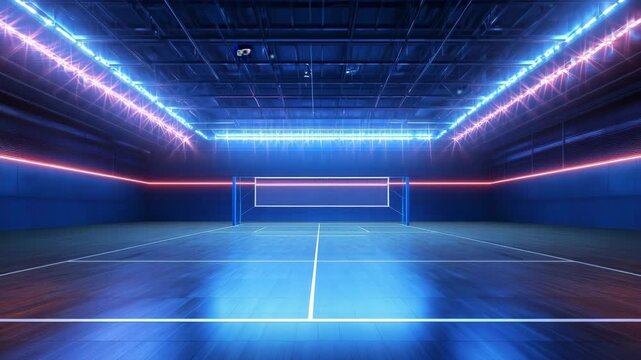 Volleyball net illuminating empty indoor court with neon lights