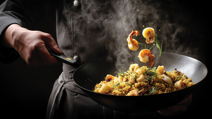 男性シェフが黒背景で海鮮炒飯を調理する姿