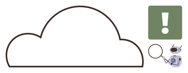 Large cloud outline with green alert icon, magnifying glass, and AI robot. Ideal for cloud technology, data analysis, problem detection, AI tools, research, alerts simple flat metaphor