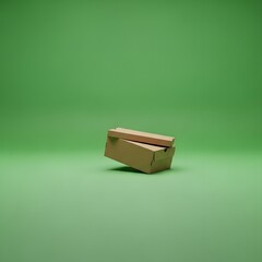 A minimalist cardboard box with an open lid placed on a vibrant green background, creating a simple and clean visual composition