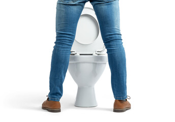 Man’s legs in jeans standing before a toilet on transparent background. Symbol of bathroom routine, hygiene and daily habits. Clean composition for sanitation, home lifestyle and light humor visuals