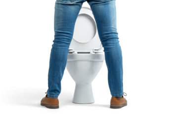 Man’s legs in jeans standing before a toilet on transparent background. Symbol of bathroom routine, hygiene and daily habits. Clean composition for sanitation, home lifestyle and light humor visuals
