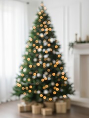 Abstract mockup bokeh Christmas tree background with golden lights in a bright living room