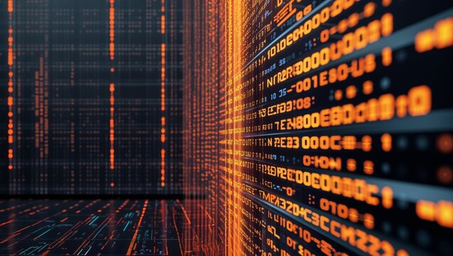 Abstract digital data stream with binary code and glowing orange light