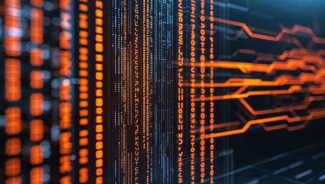 Abstract digital data stream with orange glowing lines and text - Powered by Adobe