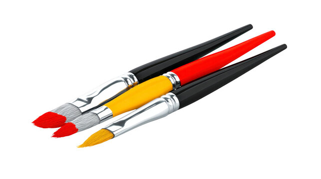 Three paintbrushes with black handles and silver ferrules, featuring red and yellow bristles, arranged diagonally on transparency background, evoke creativity and artistic inspiration
