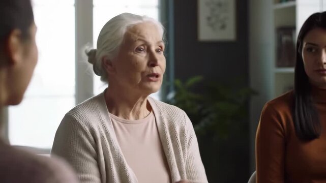 Elderly woman and young adult woman in conversation indoors, family discussion. Three people, generational.  Family support concept.