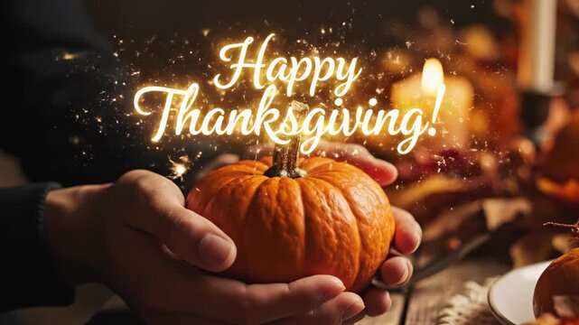 Man holding a small pumpkin with flickering Happy Thanksgiving text for autumn holiday celebration