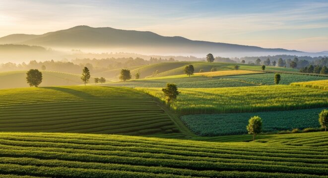 A serene landscape with rolling hills, lush green fields, and distant mountains under a clear sky with a soft, golden hue at sunset. - Powered by Adobe