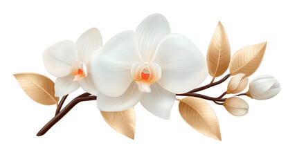 Naklejka premium White orchid gold leaf flower botanical elegant tropical nature bloom branch realistic decorative exotic luxury floral petal arrangement soft delicate plant blossom wedding romantic spring summer