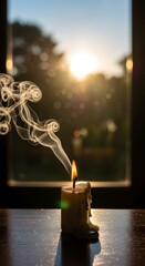 A lit candle with smoke rising in front of a window during sunset, creating a peaceful and warm atmosphere indoors
