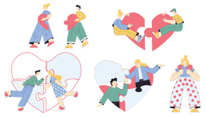 Fototapeta premium Jigsaw Puzzle with Man and Woman Connecting Heart Element Together Vector Set