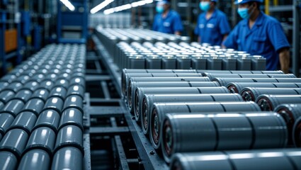 Obraz premium Lithium-ion battery production line with workers in protective masks