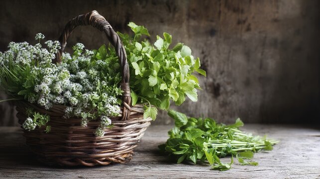 woodruff. Woven wooden basket filled with freshly picked woodruff herbs in a rustic kitchen. menu design, packaging mockups, designed for culinary blogs and recipe cards for restaurants.