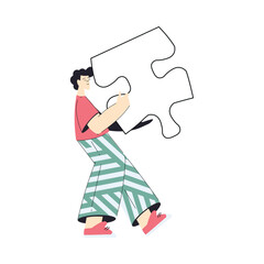 Man Hold Big Jigsaw Puzzle Connecting Element Together Vector Illustration