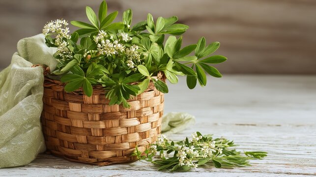 woodruff. Woven wooden basket filled with freshly picked woodruff herbs in a rustic kitchen. menu design, packaging mockups, designed for culinary blogs and recipe cards for restaurants.