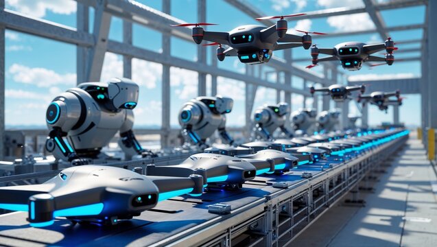 Robots and drones on an automated assembly line in a futuristic factory