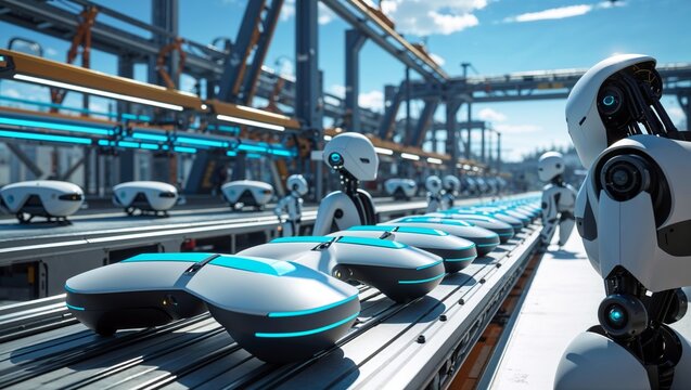 Robots on an assembly line, futuristic manufacturing concept