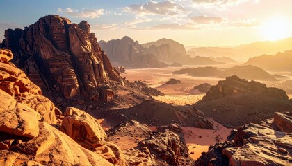A vast desert landscape unfolds with rugged, layered rock formations bathed in the warm glow of a setting sun.