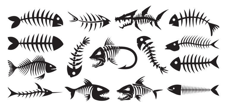 Fish bone or fishbone skeleton shape set collection pack black icon silhouette vector flat illustration design on white background