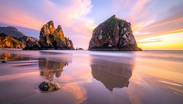 Large rock formations rise from the ocean near a sandy beach, bathed in the warm, colorful light of a sunset.