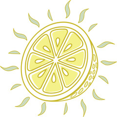 Bright lemon slice illustrated as a sun with soft rays. Minimal and cheerful vector design in warm yellow tones. Perfect for summer themes, stickers, packaging, healthy food concepts, branding, etc
