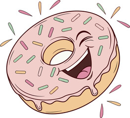 Cute smiling donut character with pink icing and colorful sprinkles. Kawaii-style vector illustration with cheerful expression and soft pastel colors. Perfect for bakery branding, stickers, etc
