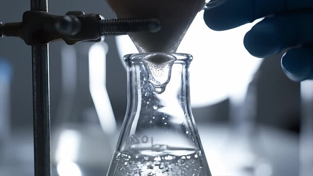 Scientist Filtering Liquid Into Erlenmeyer Flask in Laboratory