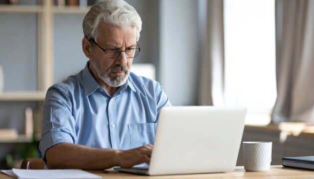 Serious older mature middle aged man wearing eyeglasses looking at computer 