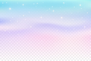 Winter transparent background with falling snowflakes and shiny stars. Abstract pink and blue gradient effect overlay Christmas backdrop. Vector frosty magic realistic landscape