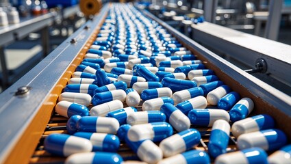 Obraz premium Pharmaceutical production line with blue and white capsules in a factory setting