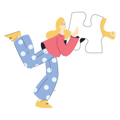 Woman Hold Big Jigsaw Puzzle Connecting Element Together Vector Illustration