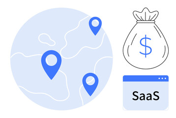World map with location pins, dollar sack representing revenue, SaaS app interface. Ideal for technology, finance, global business, startups, analytics software digital marketing. Simple flat