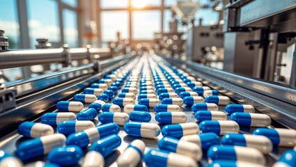 Obraz premium Pharmaceutical production line with capsules on a conveyor belt