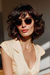 Young woman wearing stylish sunglasses in sunlight