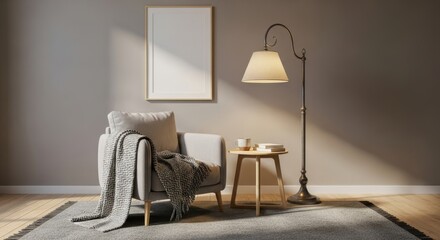 Cozy reading corner with armchair and floor lamp in a minimalist living space design