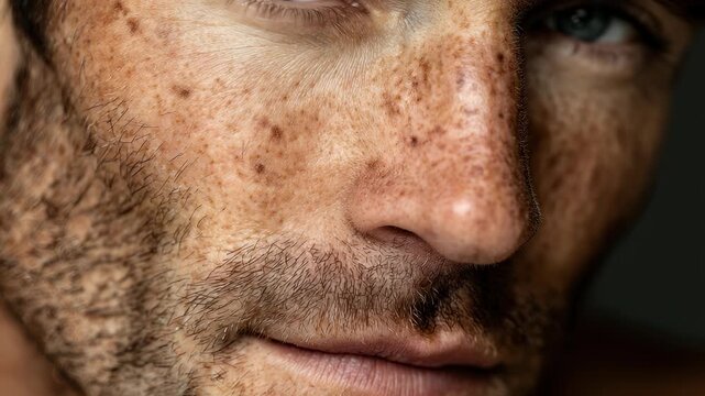 Close-up Portrait of a Man's Face with Freckles, Showing Skin Texture, Facial Hair, and One Blue Eye Detail, Dark Background.