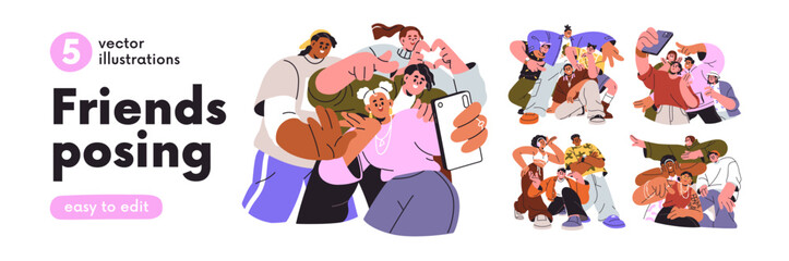 Happy friends groups posing together set. Young people standing for portrait photo, selfie on phone. Girls and guys smiling, laughing with fun. Flat vector illustration isolated on white background